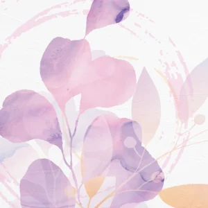 Gentle pastel leaves drift upward, blending lilac, rose, and sunlight in watercolor calm.