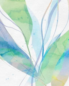 Graceful leaves extend upward in fluid motion, rendered with translucent watercolor strokes.