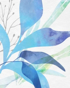 Sweeping blue leaves unfold across white space, creating movement and serene depth.