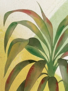 Gentle watercolor leaves stretch toward light, blending warm earth tones with vibrant renewal.