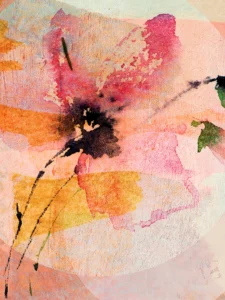 Imprint of a stem and faint traces of petals stamp the flower that rises before a brilliant sun.