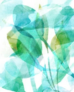 Layers of blue, yellow, and green semi-translucent leaves refresh the senses.