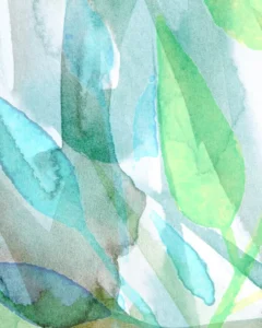 Dappled light shines through fern leaves, blending them together.