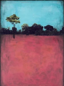 A tree stands before dense forest beneath vast turquoise and rose skies.