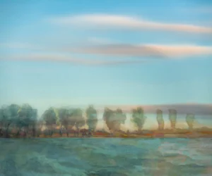 Bare winter trees rise above mist, guarding fields painted in muted greens.