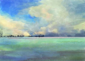 Soft pastel fields meet swirling skies in a dreamlike expanse of serenity.