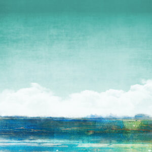 Layers of turquoise sky and soft clouds merge with serene waterscape.