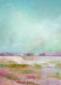 Ethereal pastel tones create dreamy landscape stretching endlessly beneath calm skies.