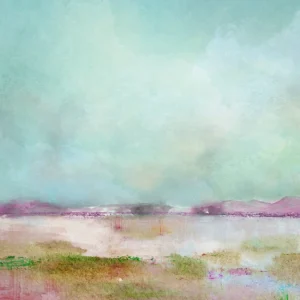 Ethereal pastel tones create dreamy landscape stretching endlessly beneath calm skies.