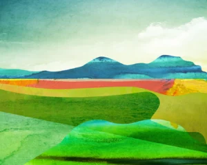 A vibrant pasture near the flowing mountains lends a dreamy vibe.