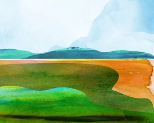 Orange and green pastures paint the way below soft blue hills under a smoky sky.