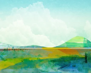 Vibrant pastures and green hills roll under fully clouds.