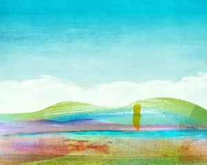 Rainbow hills hide potential under a vast blue sky.