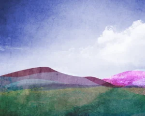 Dark grasslands lead into purple rolling hills that sit under a blue cloudy sky.