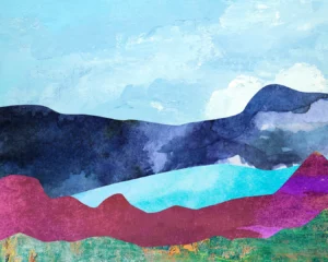 Layers of texture and color form a lake that sits between rich blue and pink mountains and reflects a clear blue sky.