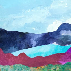 Layers of texture and color form a lake that sits between rich blue and pink mountains and reflects a clear blue sky.