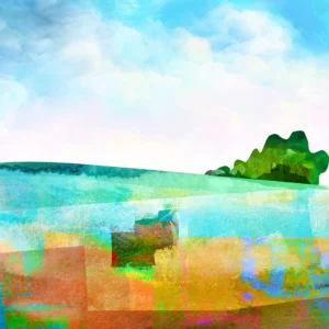 Verdant and orange grasslands frolic and lush green trees can be spotted in the distance under a perfect sky.