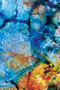 Gnarly green and fiery flecks grow and diffuse into resistant blue, irrevocably altering both.