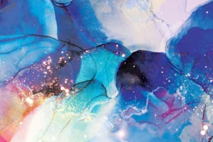 Molten sparks fly into an endless aquamarine sky.