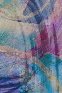 Swirling patterns in purples, blues, and greens create a dynamic and vibrant composition. The overlapping brushstrokes add depth and movement.