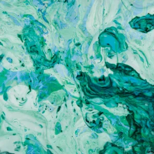 Vibrant green and teal patterns swirl across the surface, creating an impression of movement and depth. The flowing shapes and color play offer a sense of tranquility.