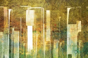 A golden skyline shines through a surreal hazy smog.