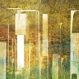 A golden skyline shines through a surreal hazy smog.