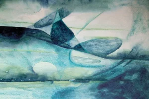 Waves of blues and faint yellow churn into a roiling chaos.