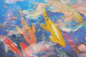 A vibrant textured glide through a bustling underwater society.