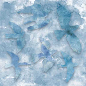 A flock of blue birds blend into a cloudy sky.