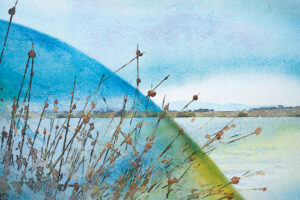 The scenic view of a lakeside through wayward reeds bisected by night and day.