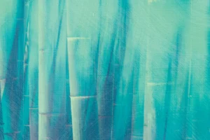 A wall of vibrant bamboo lines the composition, offering protection from the unknown beyond.