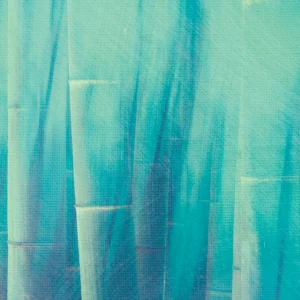 A wall of vibrant bamboo lines the composition, offering protection from the unknown beyond.