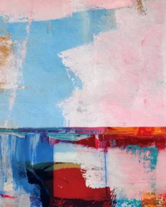 Vibrant colors blend into an abstract representation of a coastal scene. Bold strokes of blue and red contrast with soft pink hues.