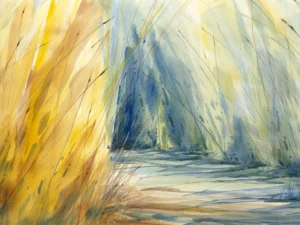 Tall stalks of golden wheat guard a path that curves into a shaded unknown.