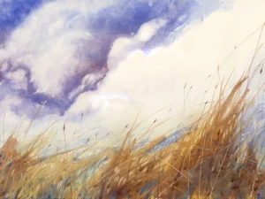Golden grass dances in the breeze under a faint purple sky peeking behind vast fluffy clouds.
