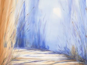 Earthen, sun-dappled path flanked by tall grass on one side, while the other falls away into a shaded, foggy ravine.