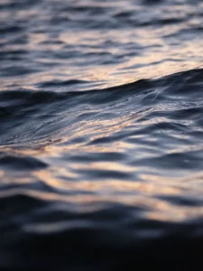 Soft twilight glows across rippling waves, capturing calm movement and fleeting reflection.