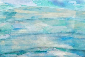 Wide bands of transparent blues, greens and yellows evoke a refreshing, cooling movement.