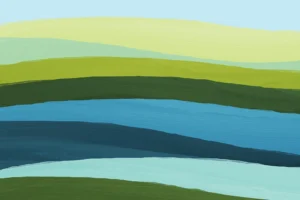 Layers of greens, blues and yellows paint a tranquil hillside around a swift river current.