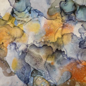 Watercolor blues and oranges bubble and pop in a nebula of contrast.