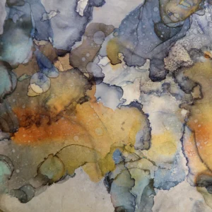 Watercolor blues and oranges bubble and pop in a nebula of contrast.
