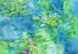 A sparkling blue pond, brimming with pads and adorned in pink lotus.