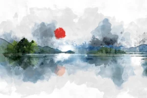 A tranquil lake reflects a vibrant sunrise, with lush green mountains in the background. The scene evokes a sense of peace and natural beauty.