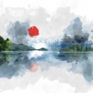 A tranquil lake reflects a vibrant sunrise, with lush green mountains in the background. The scene evokes a sense of peace and natural beauty.