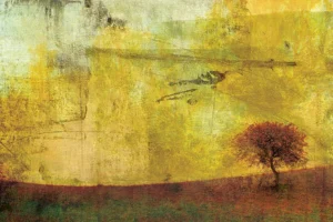 A lone tree with red foliage set against a tarnished golden sky. The scene conveys a sense of solitude and tranquility.