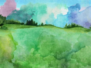 Verdant green hills roll beneath a cloudy pastel sky.