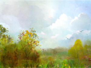 Birds fly freely over a lush meadow, bathing in warm sunlight.