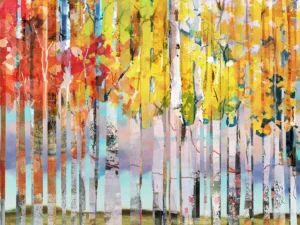 A colorful forest scene features vertical trees with majestic autumn leaves. The vivid hues of yellow, orange, and red create a lively atmosphere.