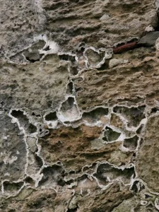 A porous and weathered stone wall that has endured unfathomable exposure to the elements.